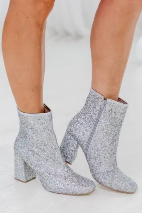 Allison Silver Glitter Chunky Heel Booties FINAL SALE