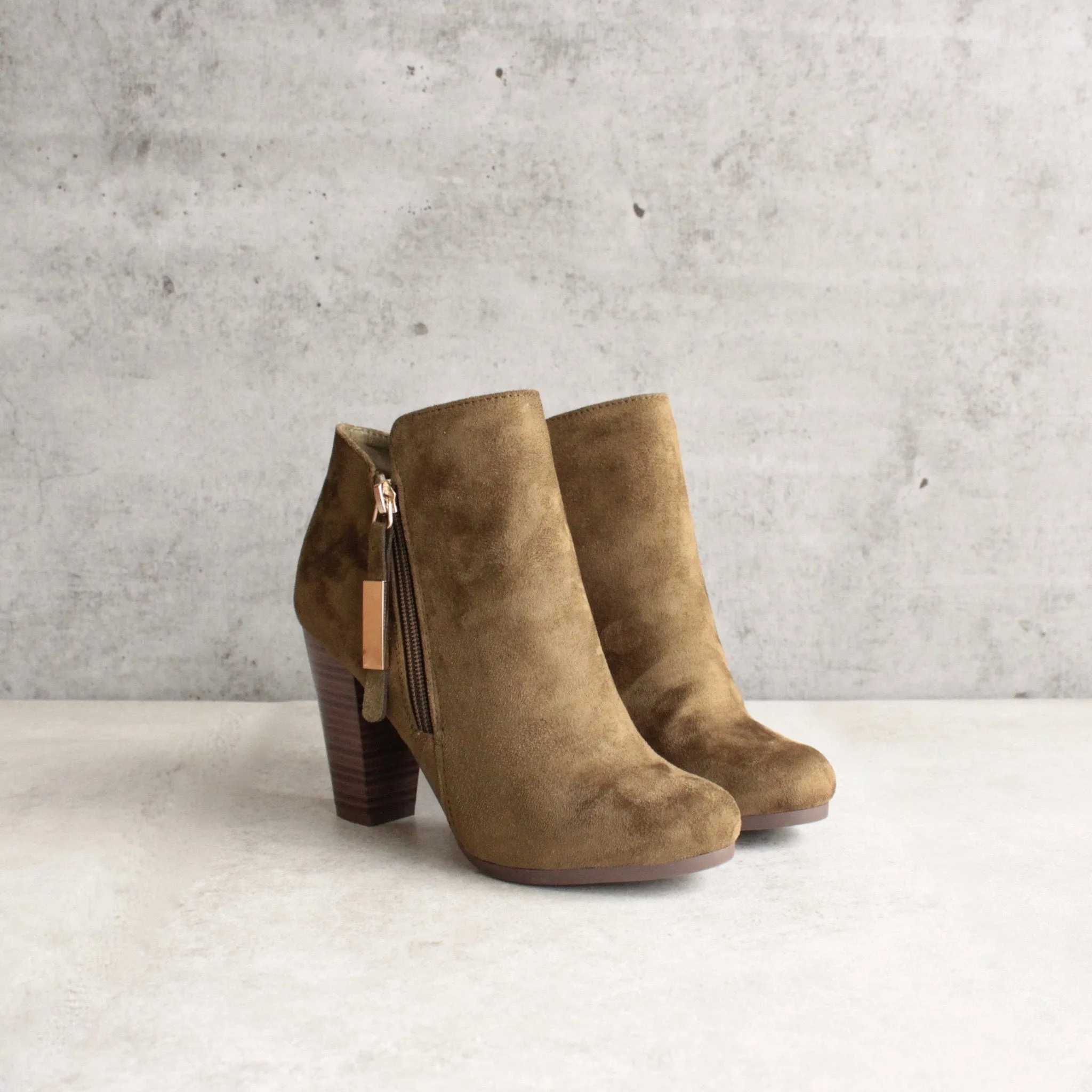 Almond Toe Stacked Heel Vegan Suede Booties in More Colors