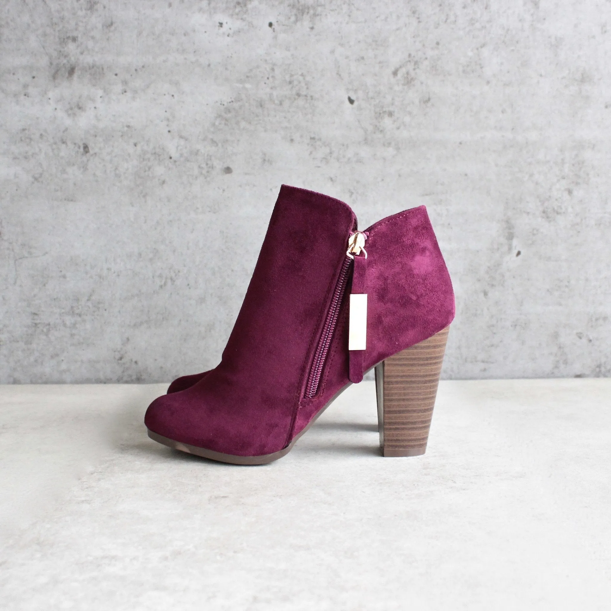 Almond Toe Stacked Heel Vegan Suede Booties in More Colors