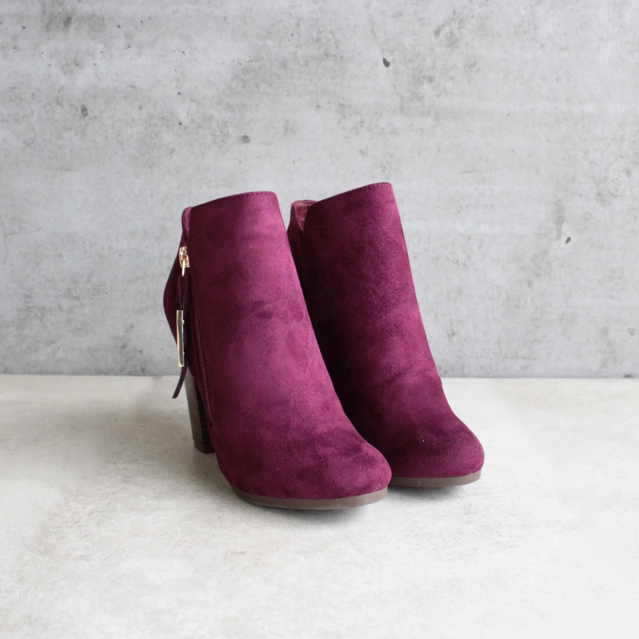 Almond Toe Stacked Heel Vegan Suede Booties in More Colors