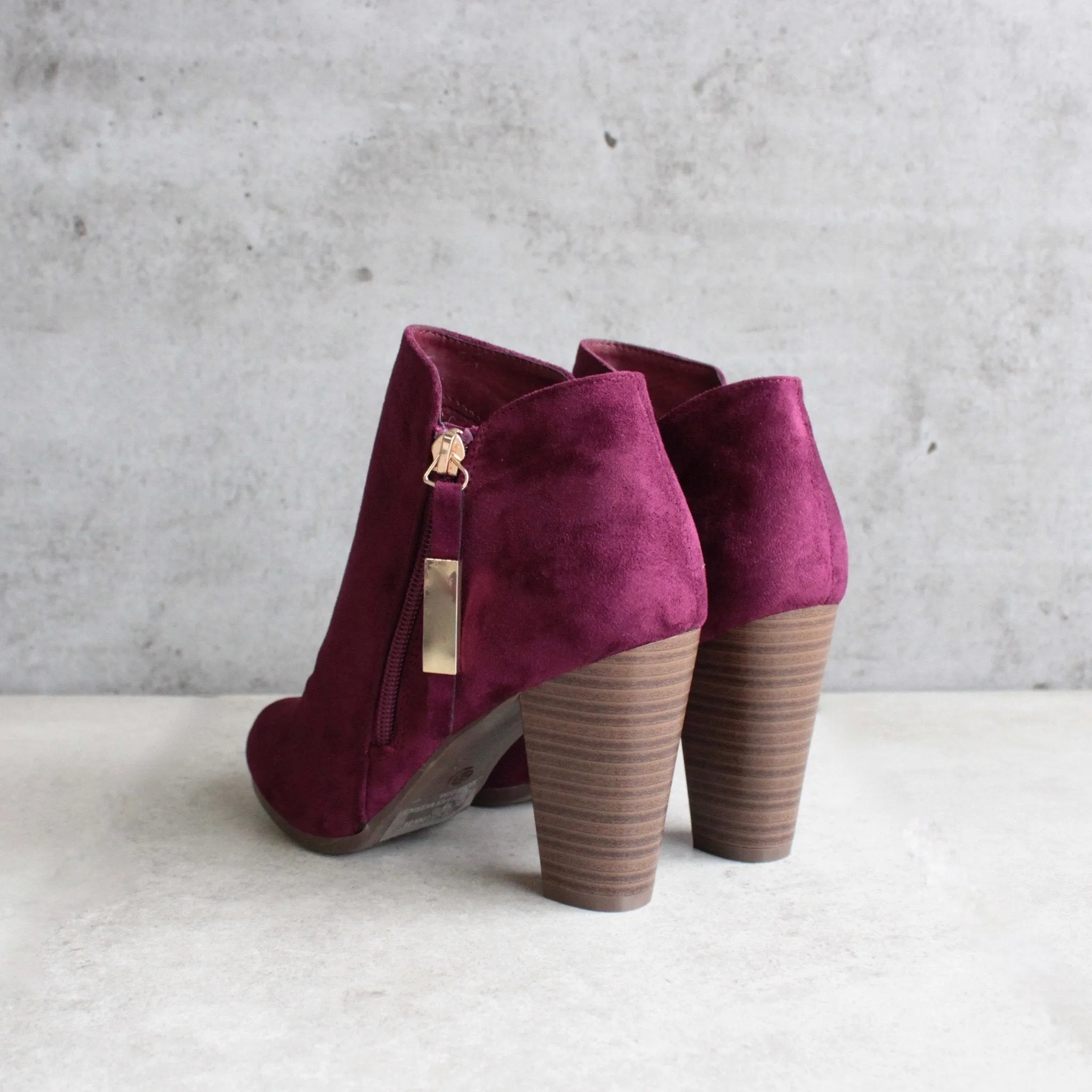 Almond Toe Stacked Heel Vegan Suede Booties in More Colors