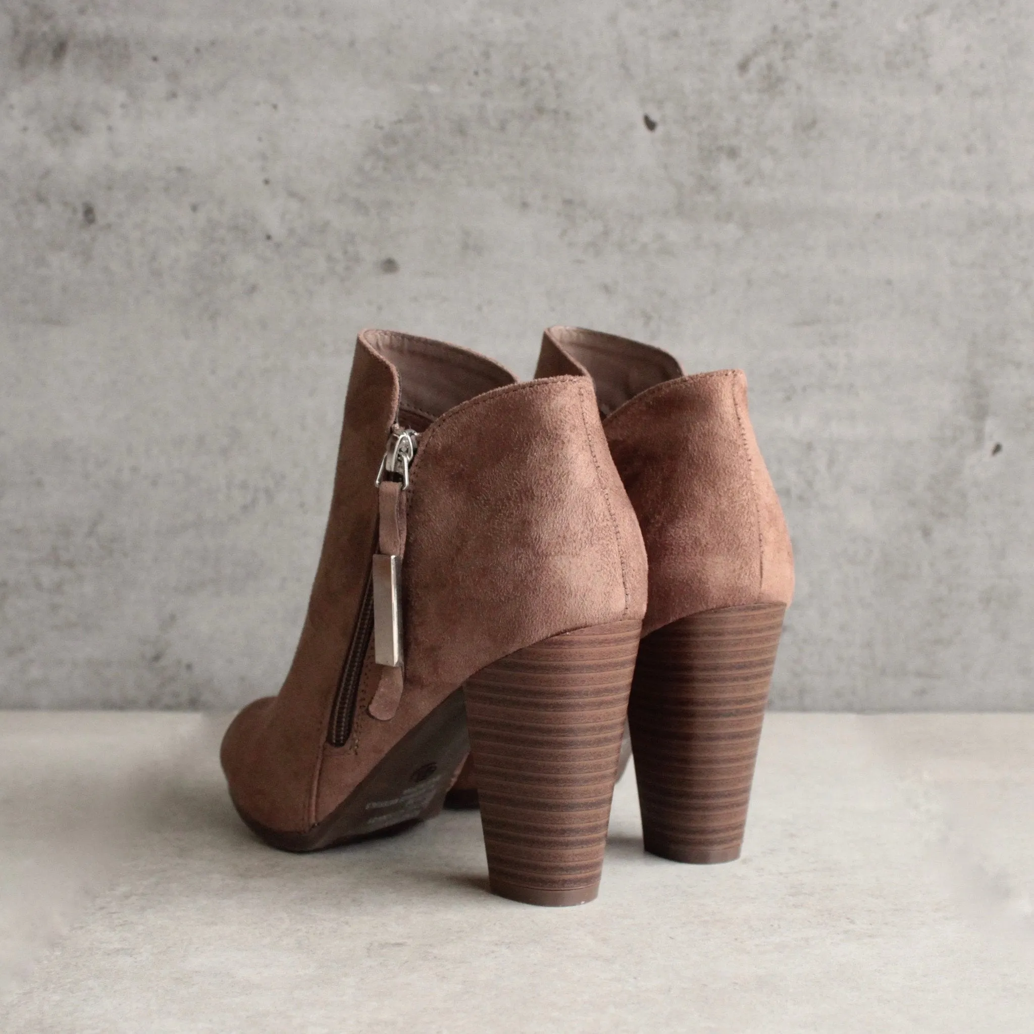 Almond Toe Stacked Heel Vegan Suede Booties in More Colors