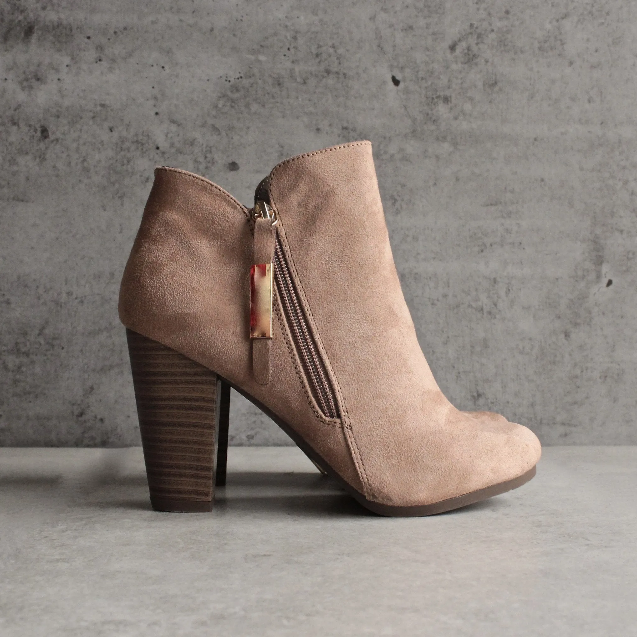 Almond Toe Stacked Heel Vegan Suede Booties in More Colors