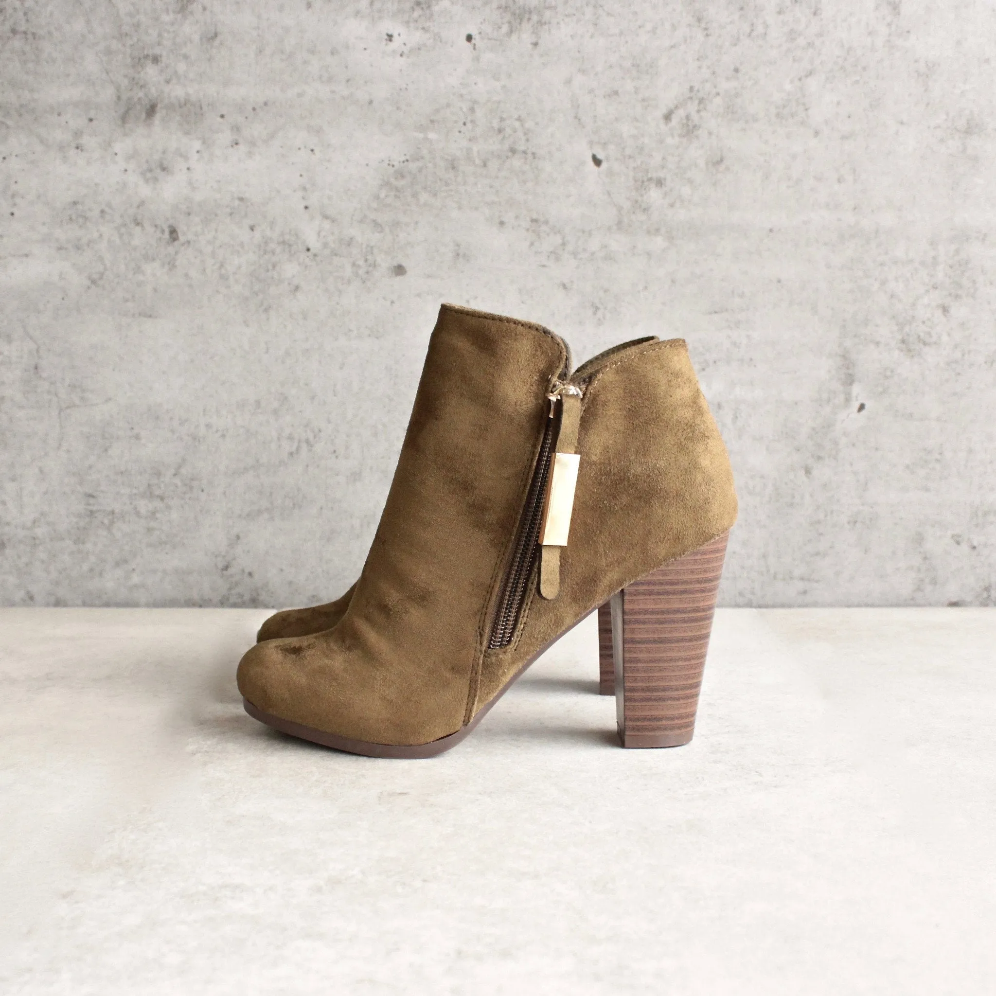 Almond Toe Stacked Heel Vegan Suede Booties in More Colors