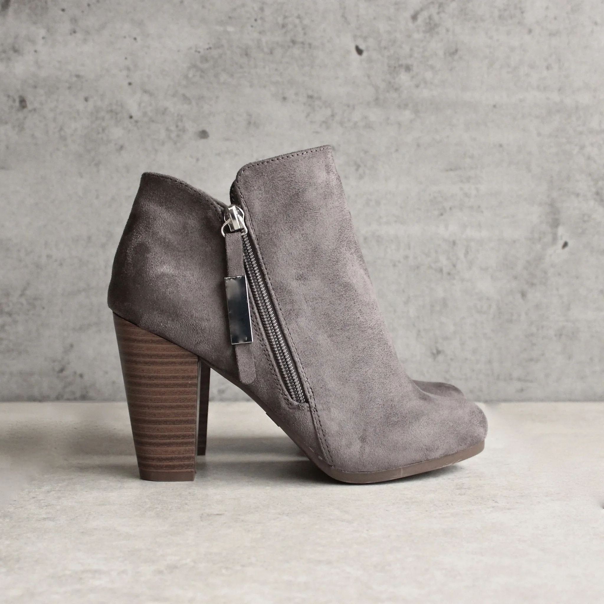 Almond Toe Stacked Heel Vegan Suede Booties in More Colors