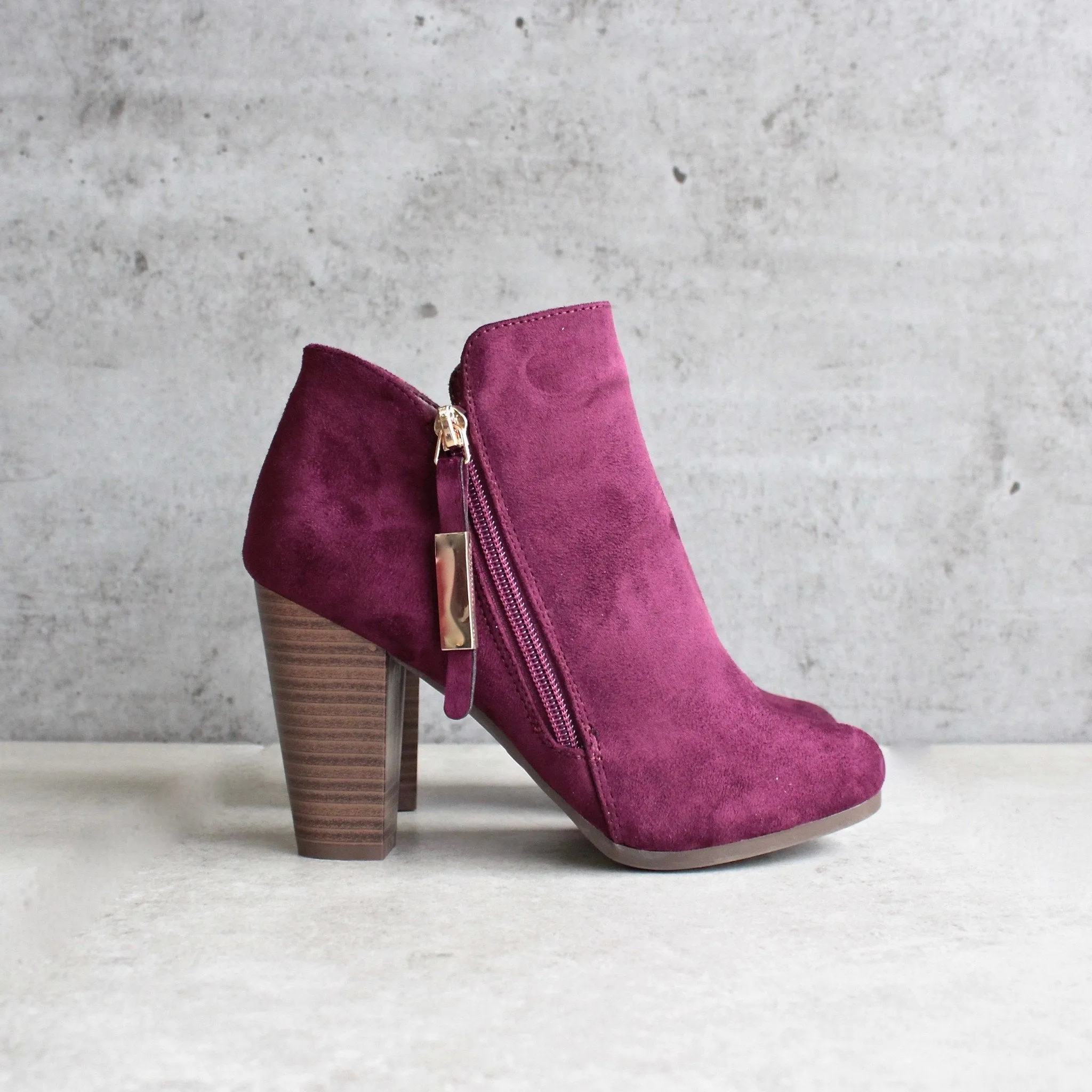 Almond Toe Stacked Heel Vegan Suede Booties in More Colors