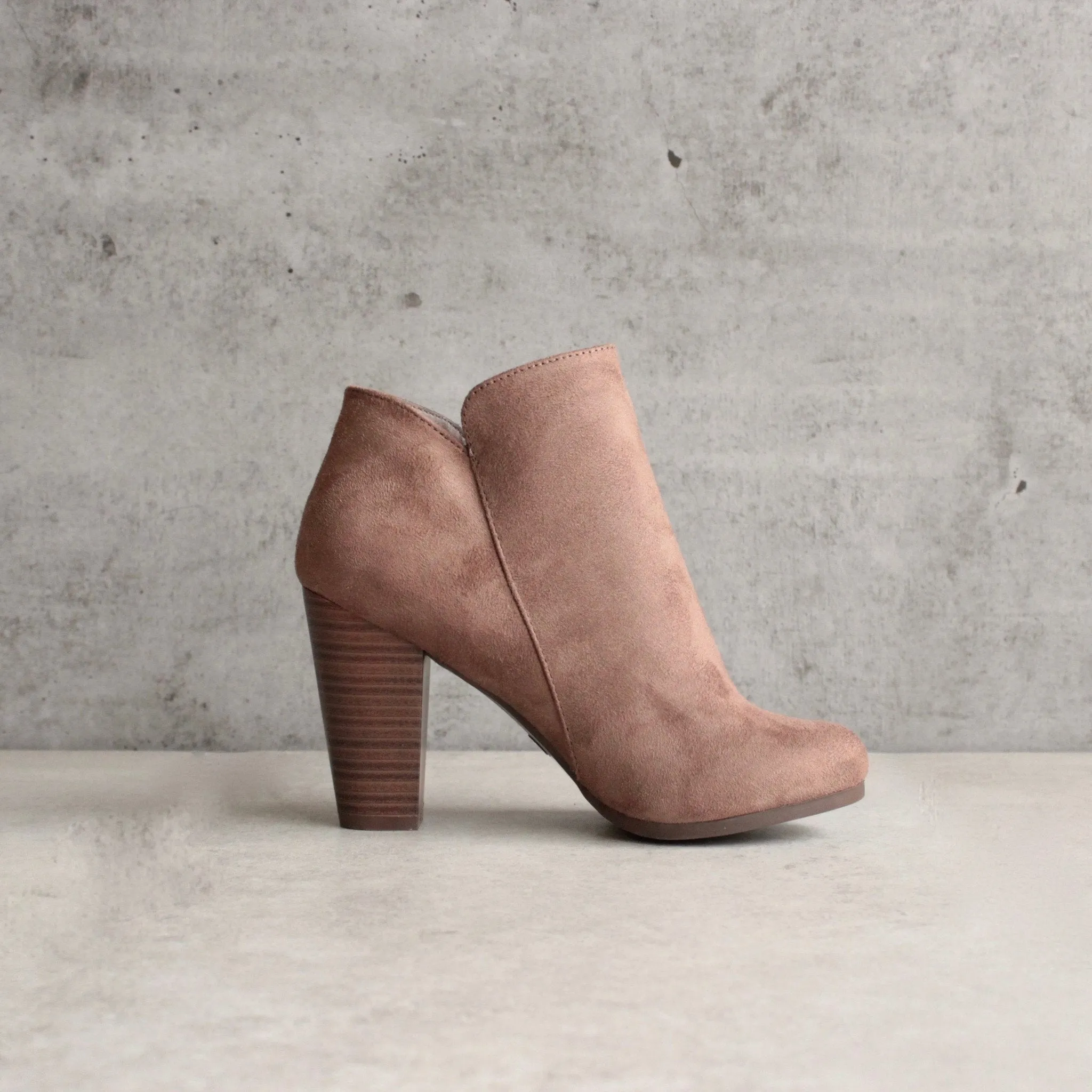 Almond Toe Stacked Heel Vegan Suede Booties in More Colors