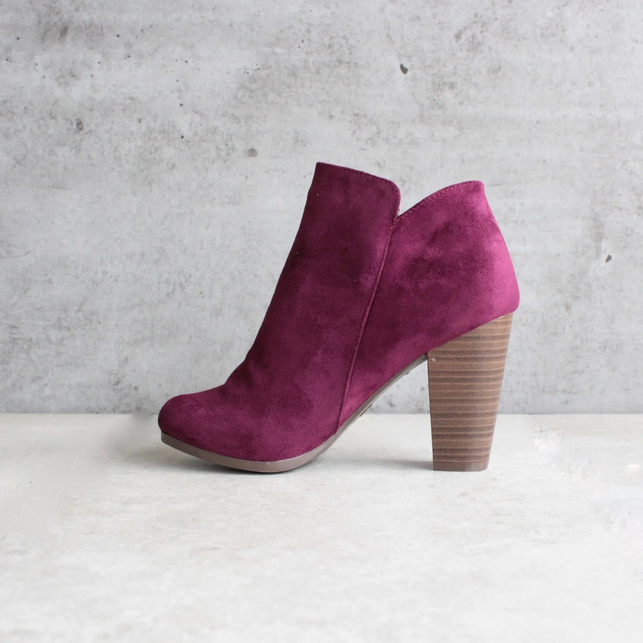 Almond Toe Stacked Heel Vegan Suede Booties in More Colors