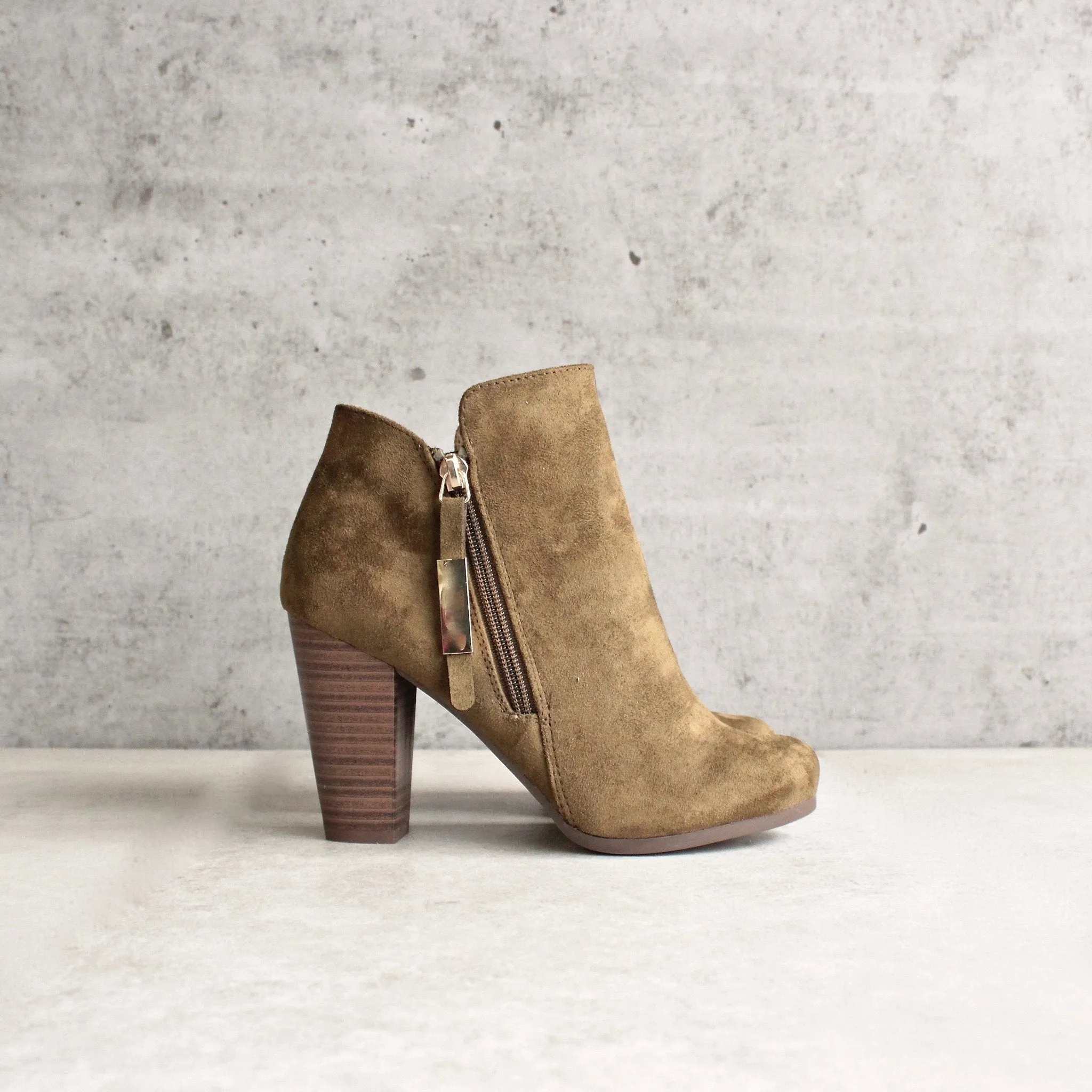 Almond Toe Stacked Heel Vegan Suede Booties in More Colors