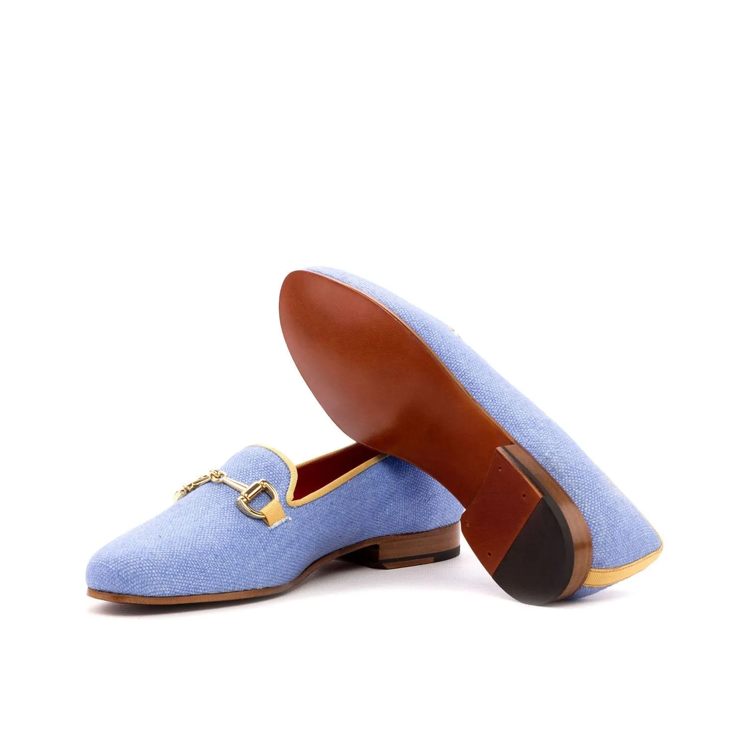 Ambrogio Bespoke Custom Women's Custom Made Shoes Blue Grossgrain / Linen Rose Horsebit Loafers (AMBW1064)