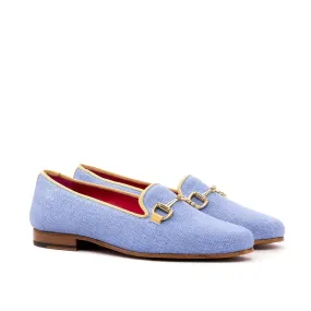 Ambrogio Bespoke Custom Women's Custom Made Shoes Blue Grossgrain / Linen Rose Horsebit Loafers (AMBW1064)