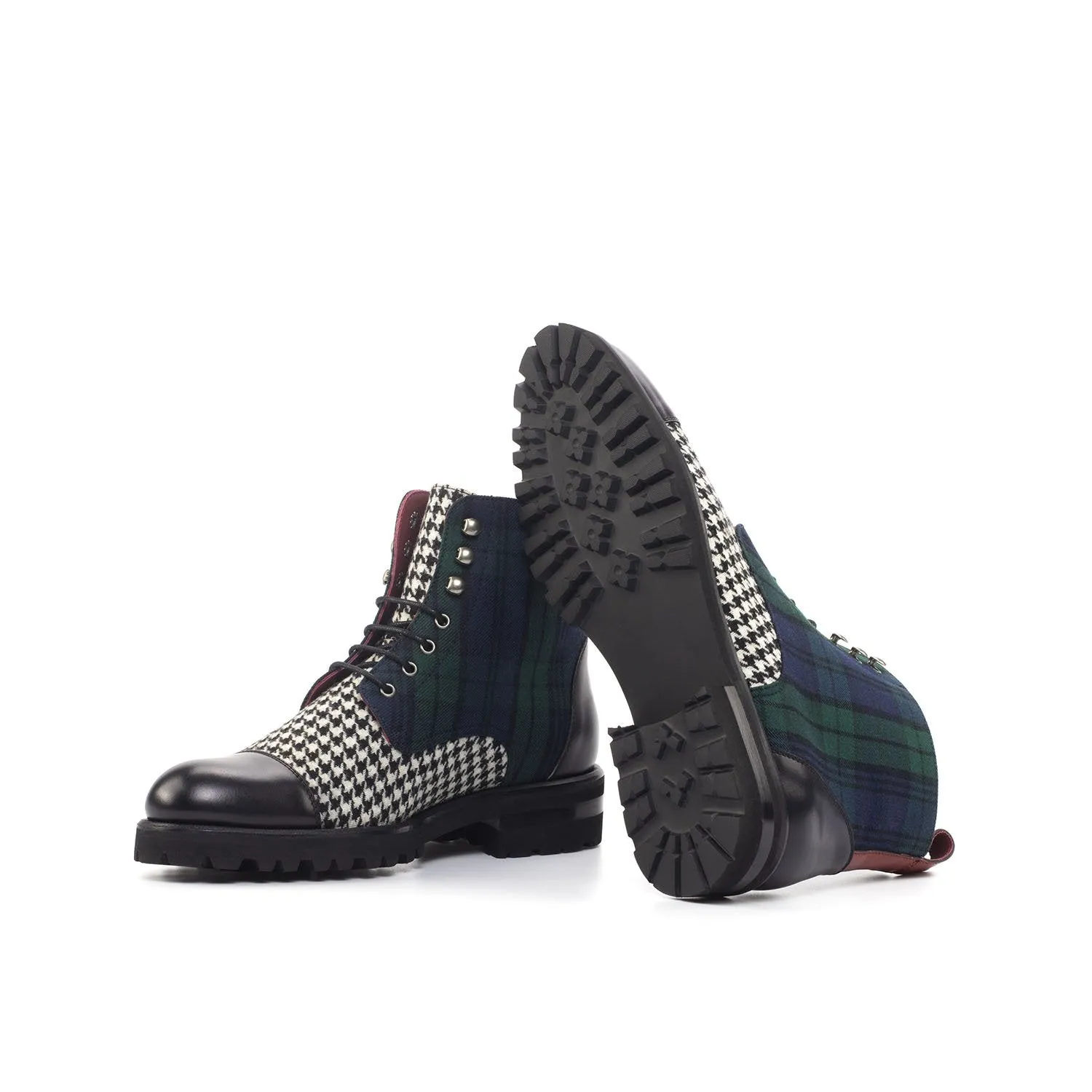 Ambrogio Bespoke Custom Women's Shoes Black, Blue, Green & White Fabric / Calf-Skin Leather Cap-Toe Boots (AMBW1090)