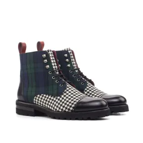 Ambrogio Bespoke Custom Women's Shoes Black, Blue, Green & White Fabric / Calf-Skin Leather Cap-Toe Boots (AMBW1090)