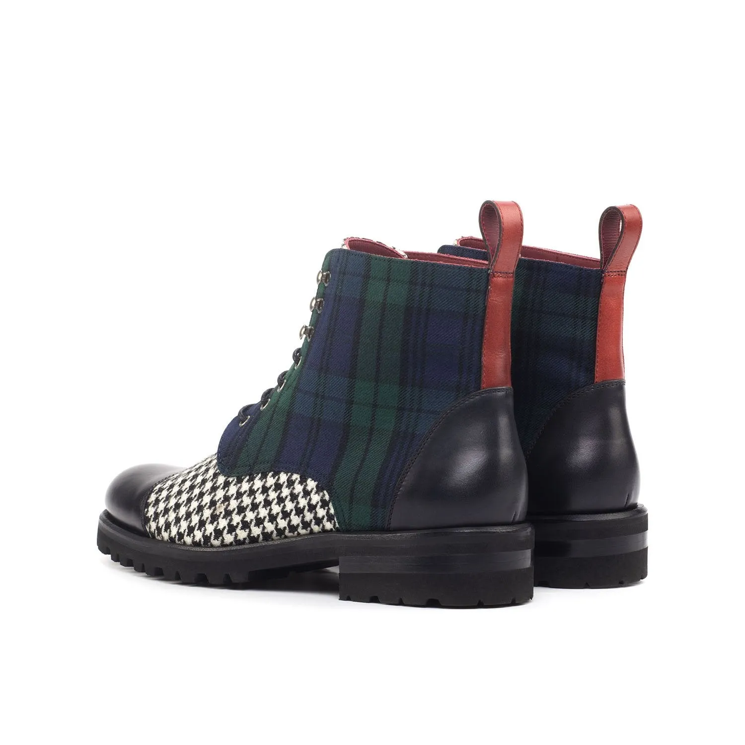 Ambrogio Bespoke Custom Women's Shoes Black, Blue, Green & White Fabric / Calf-Skin Leather Cap-Toe Boots (AMBW1090)