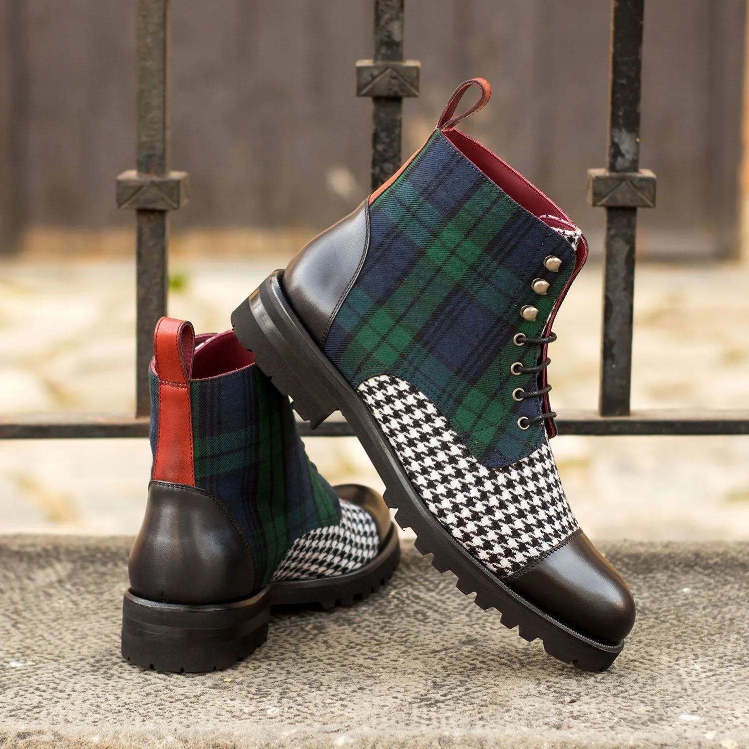 Ambrogio Bespoke Custom Women's Shoes Black, Blue, Green & White Fabric / Calf-Skin Leather Cap-Toe Boots (AMBW1090)