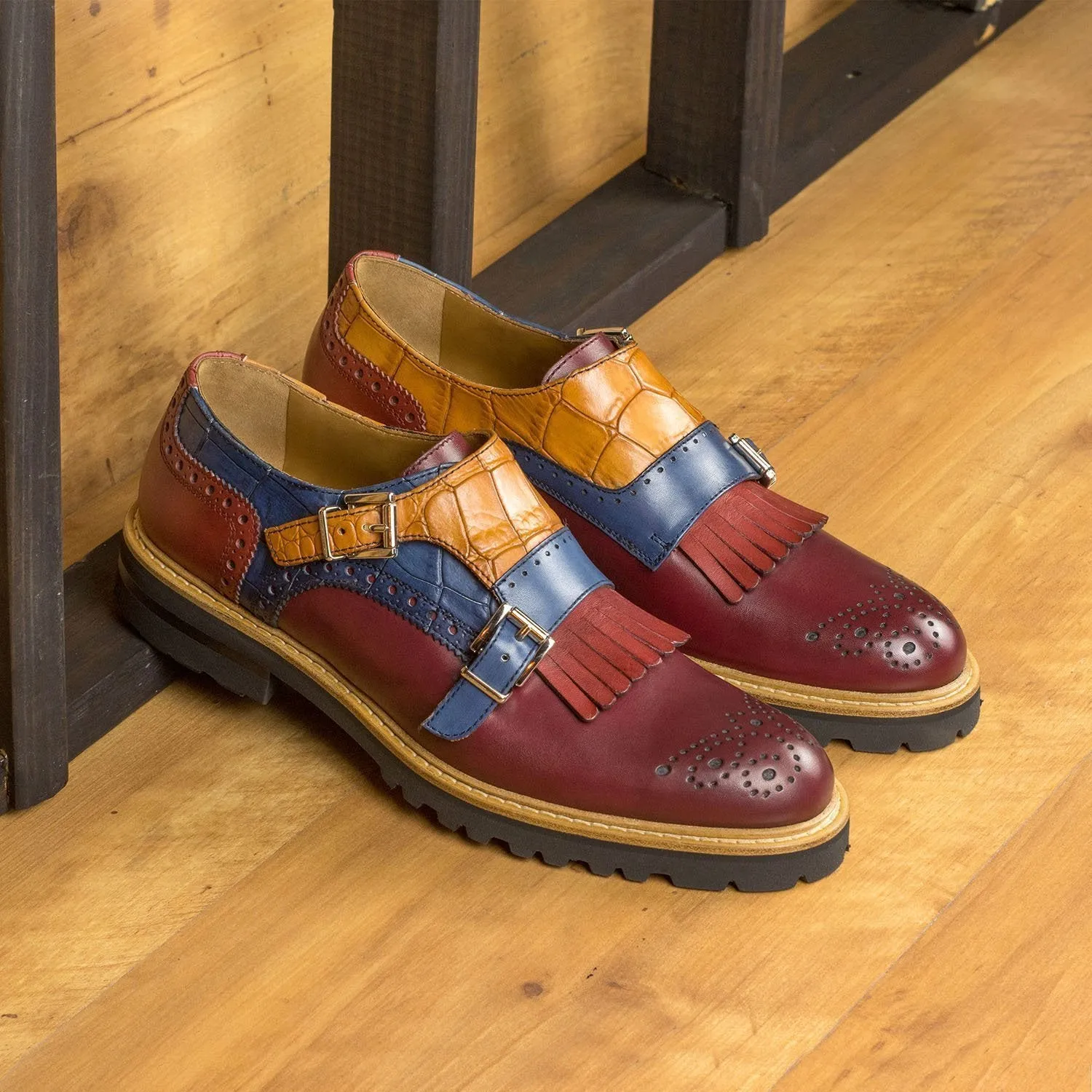 Ambrogio Bespoke Custom Women's Shoes Burgundy, Navy, Red & Cognac Calf-Skin Leather Kiltie Monk-Strap Loafers (AMBW1089)