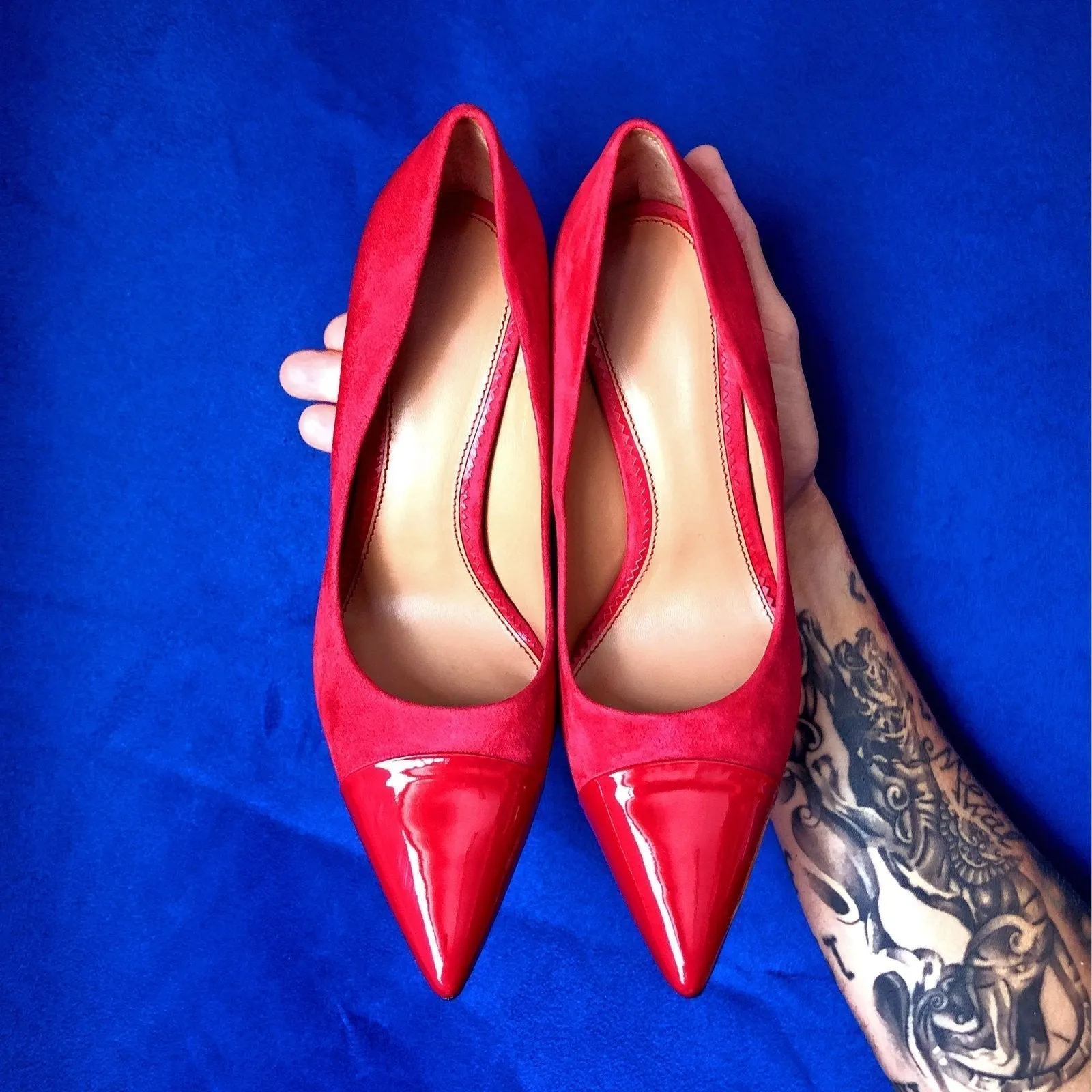 Ambrogio Bespoke Custom Women's Shoes Passion Red Suede / Patent Leather Milan Pumps (AMBW1112)