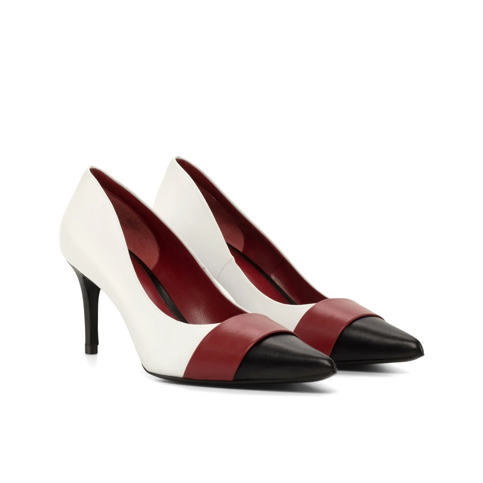 Ambrogio Bespoke Custom Women's Shoes White, Red & Black Nappa Kaiser Leather Classic Milan Pumps (AMBW1108)