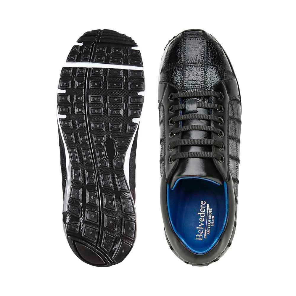 Belvedere Magnus Men's Casual Black Ostrich Patchwork Sneakers