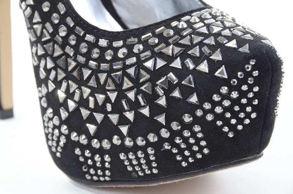 Black Faux Suede Geometric Rhinestone Detail Platform Pumps