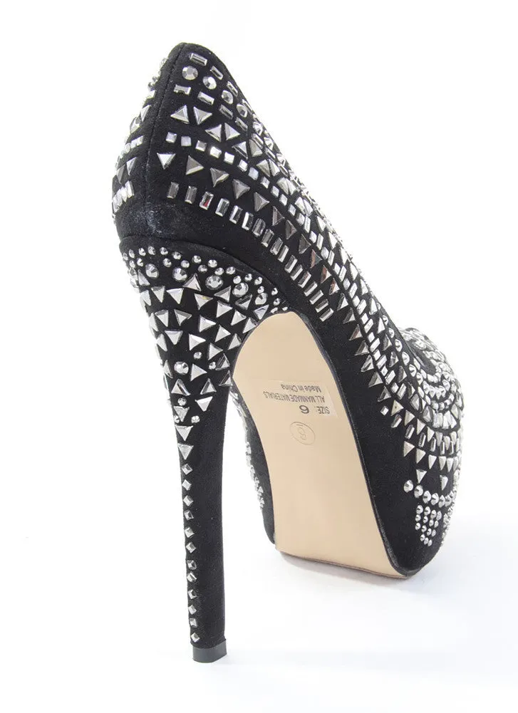 Black Faux Suede Geometric Rhinestone Detail Platform Pumps