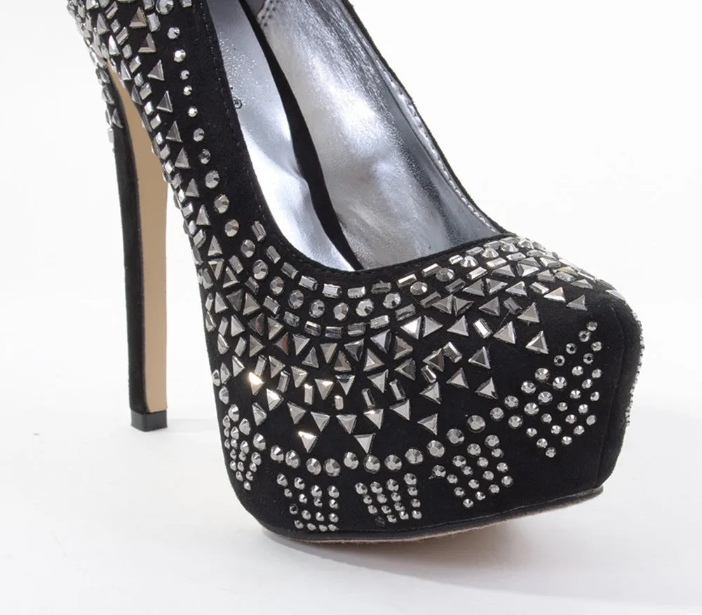 Black Faux Suede Geometric Rhinestone Detail Platform Pumps