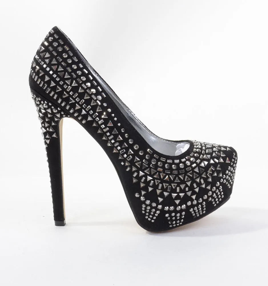 Black Faux Suede Geometric Rhinestone Detail Platform Pumps