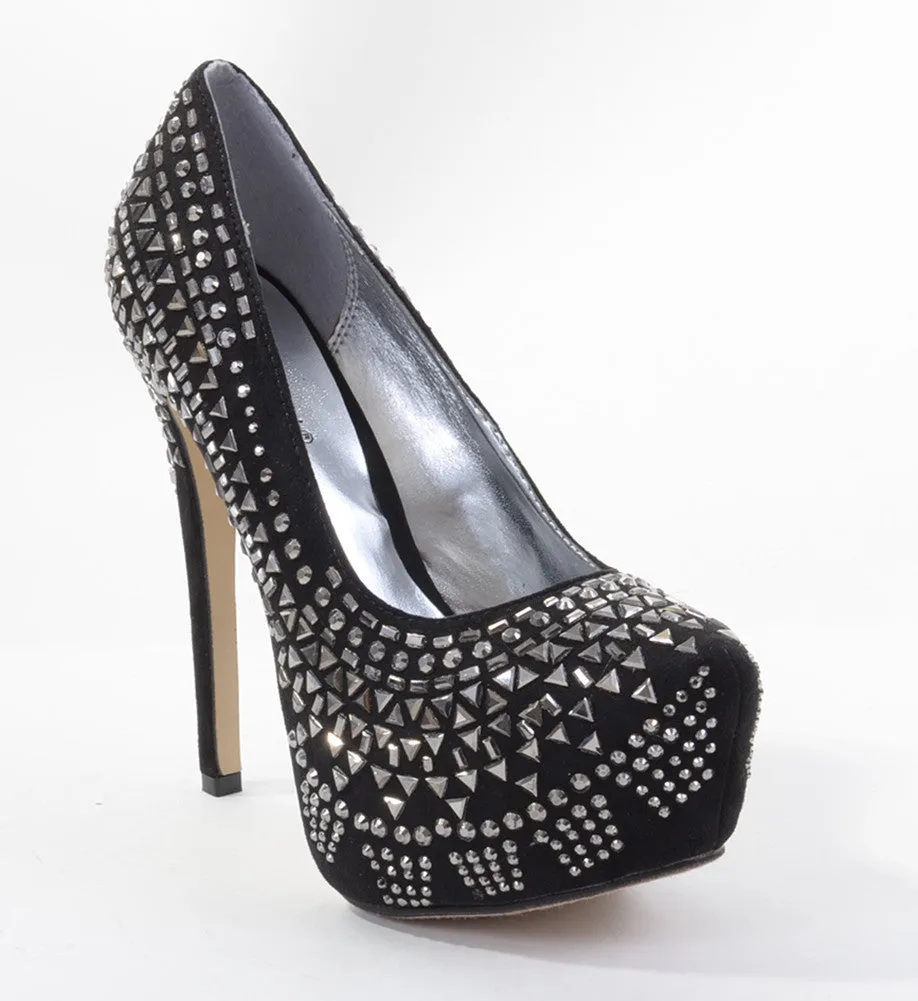 Black Faux Suede Geometric Rhinestone Detail Platform Pumps