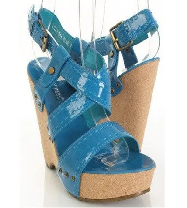 Blue Faux Patent Leather Stitch Screw Cork Platform Wedges