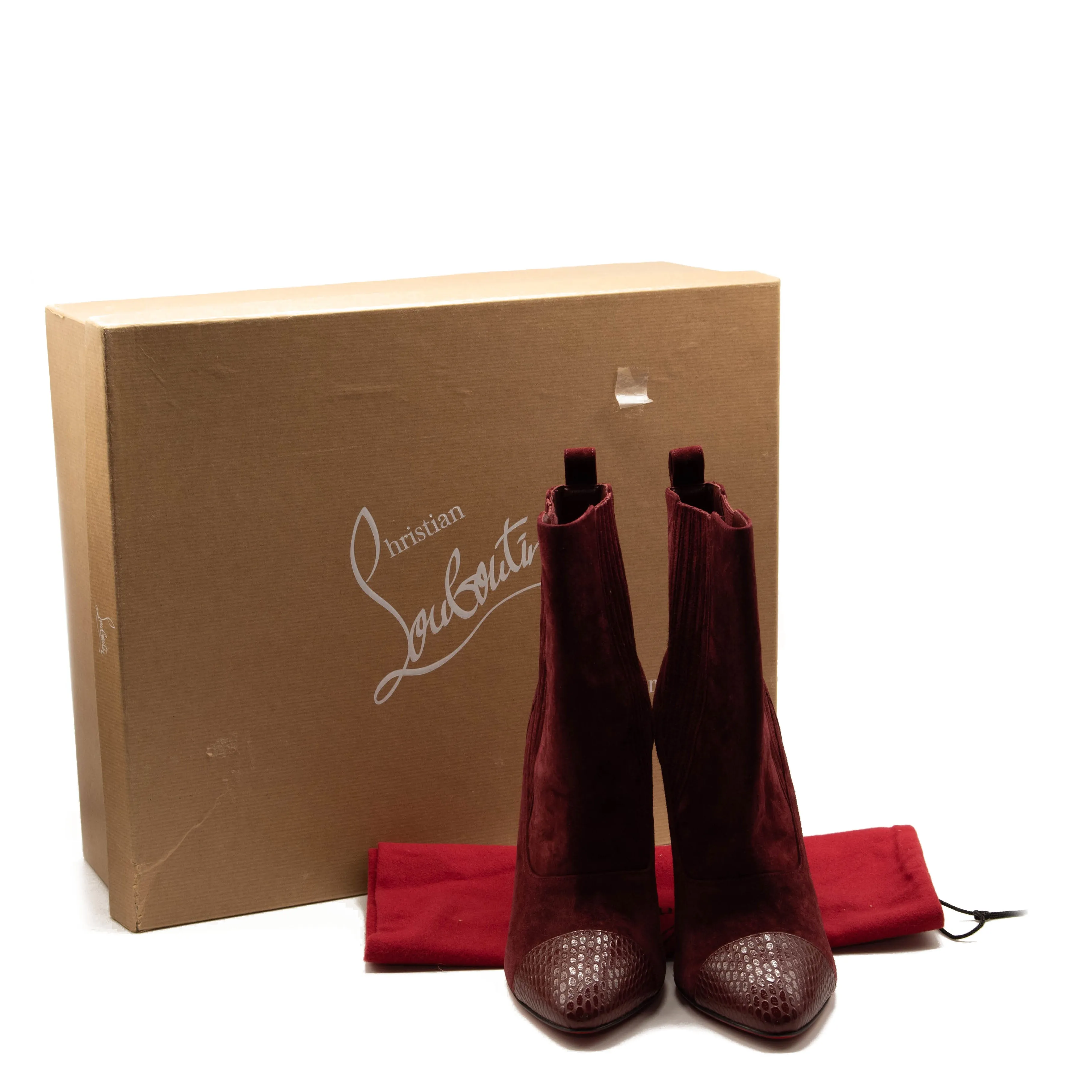 Christian Louboutin Me In The 90s Maroon Suede Snake High Heel Ankle Booties 37.5