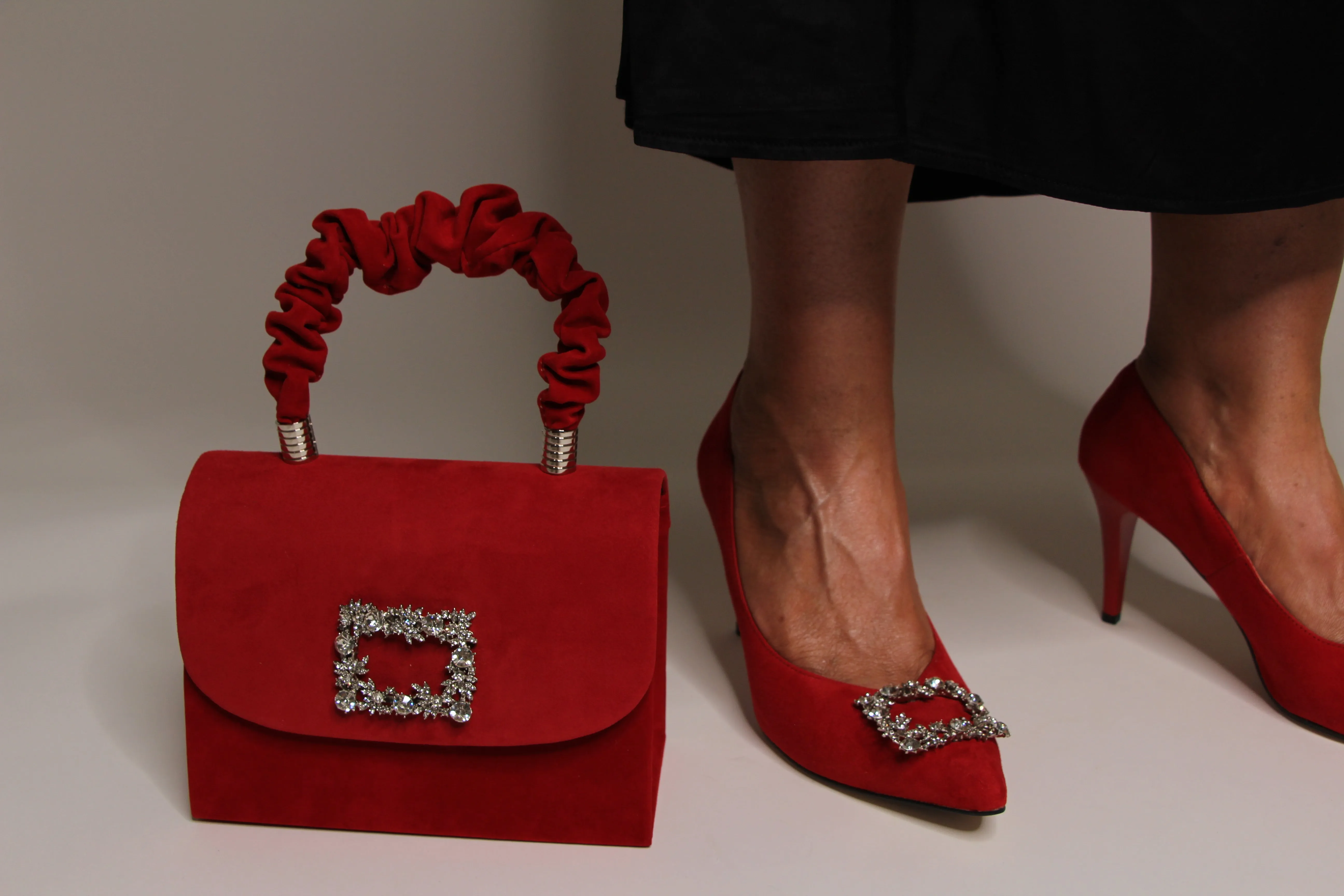 Fabucci Red Suede Court Shoe with Diamante Buckle