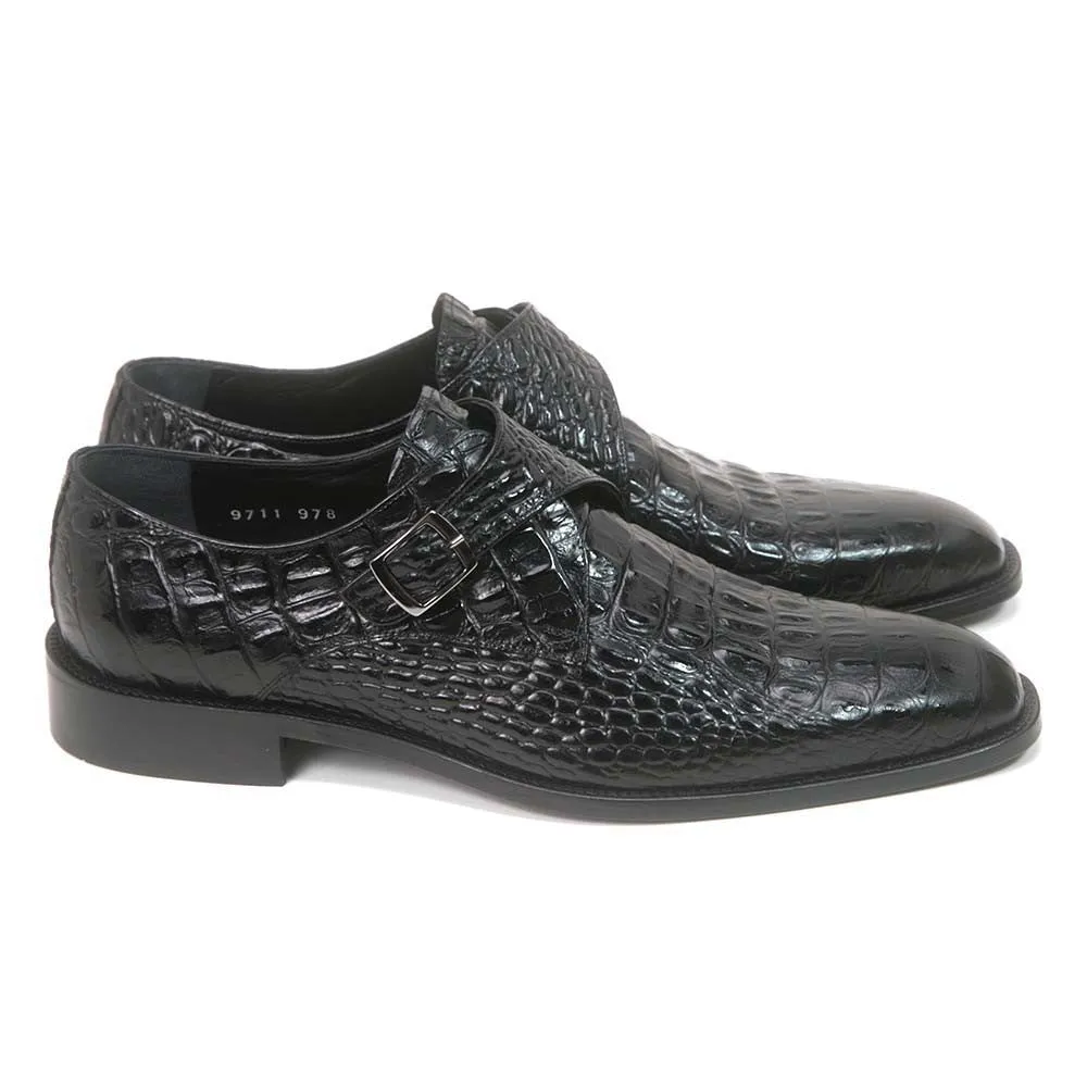 Golden Pass Crocodile Print Black Monk Buckle Leather Sole Men's Shoes