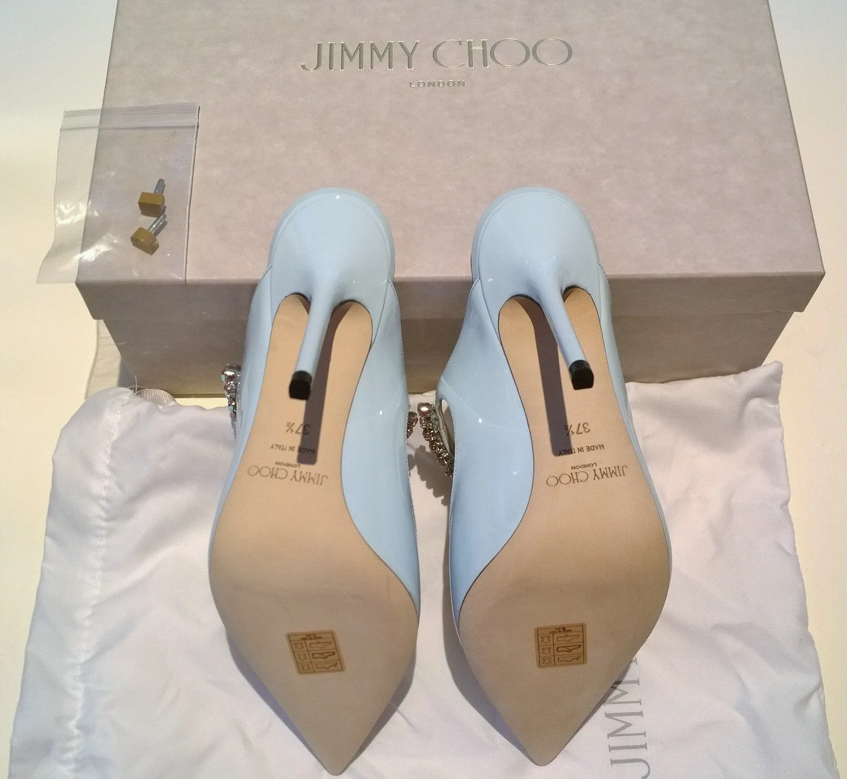 Jimmy Choo Bing 100 Powder Blue Aurora Rhinestone Strap Mules New Shoes Heels