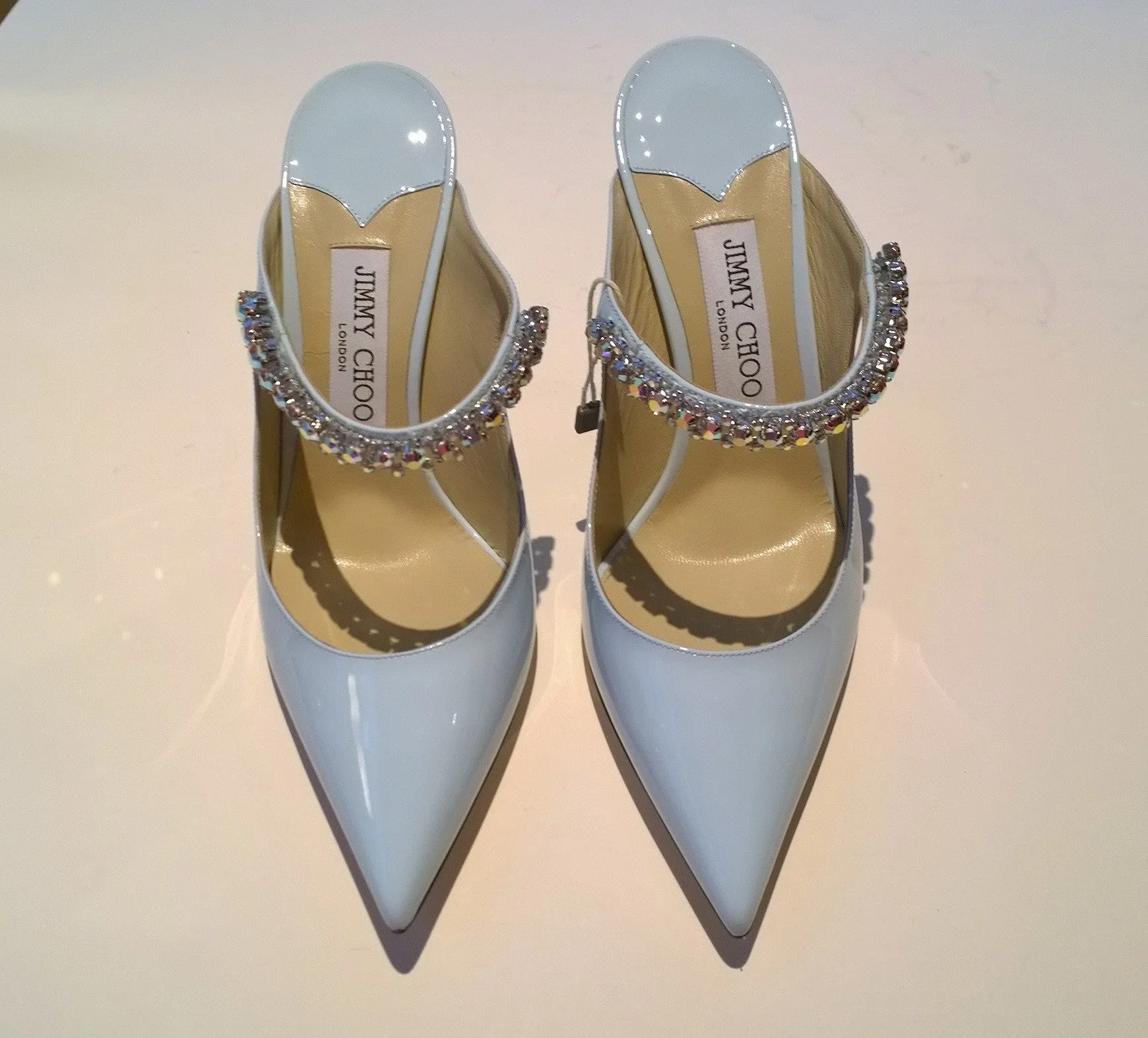 Jimmy Choo Bing 100 Powder Blue Aurora Rhinestone Strap Mules New Shoes Heels