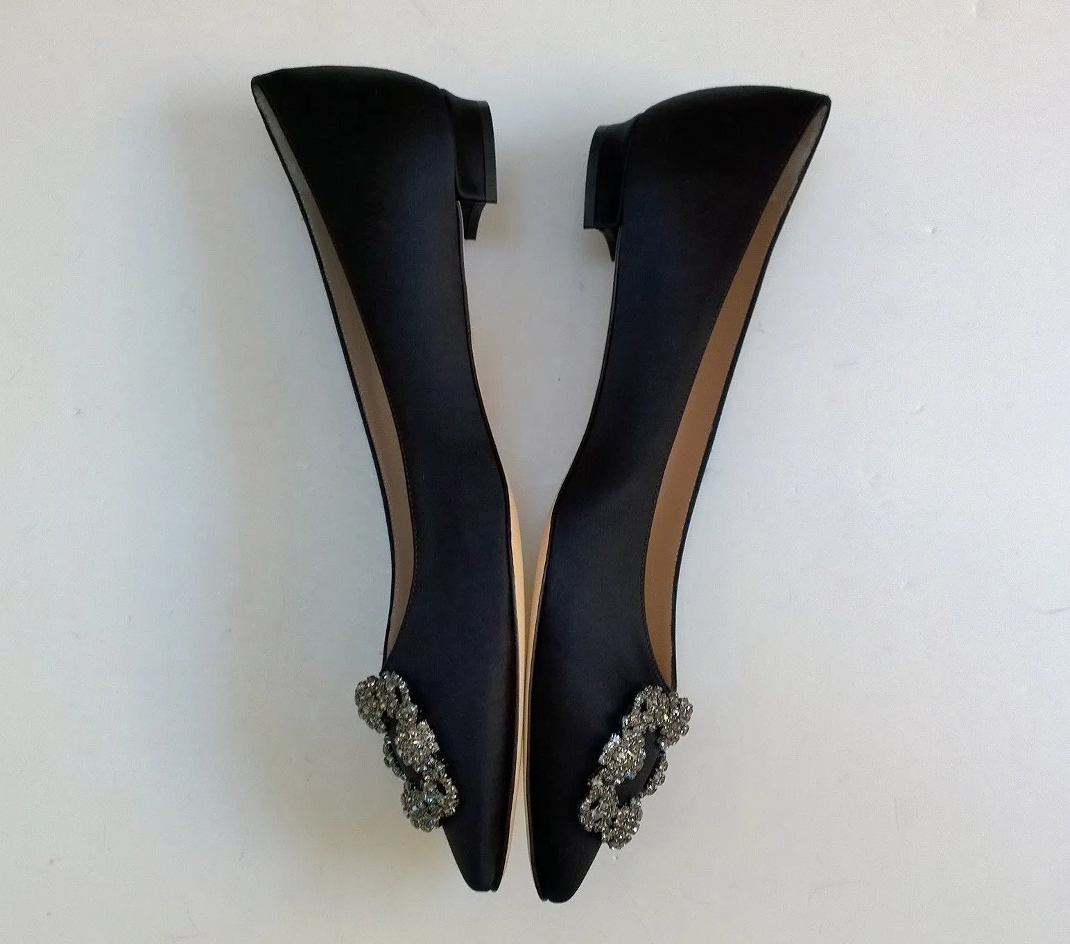 Manolo Blahnik Hangisi Black Satin Rhinestone Buckle Flats