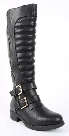 Quilted Leatherette Strap Riding Vegan Knee Boot