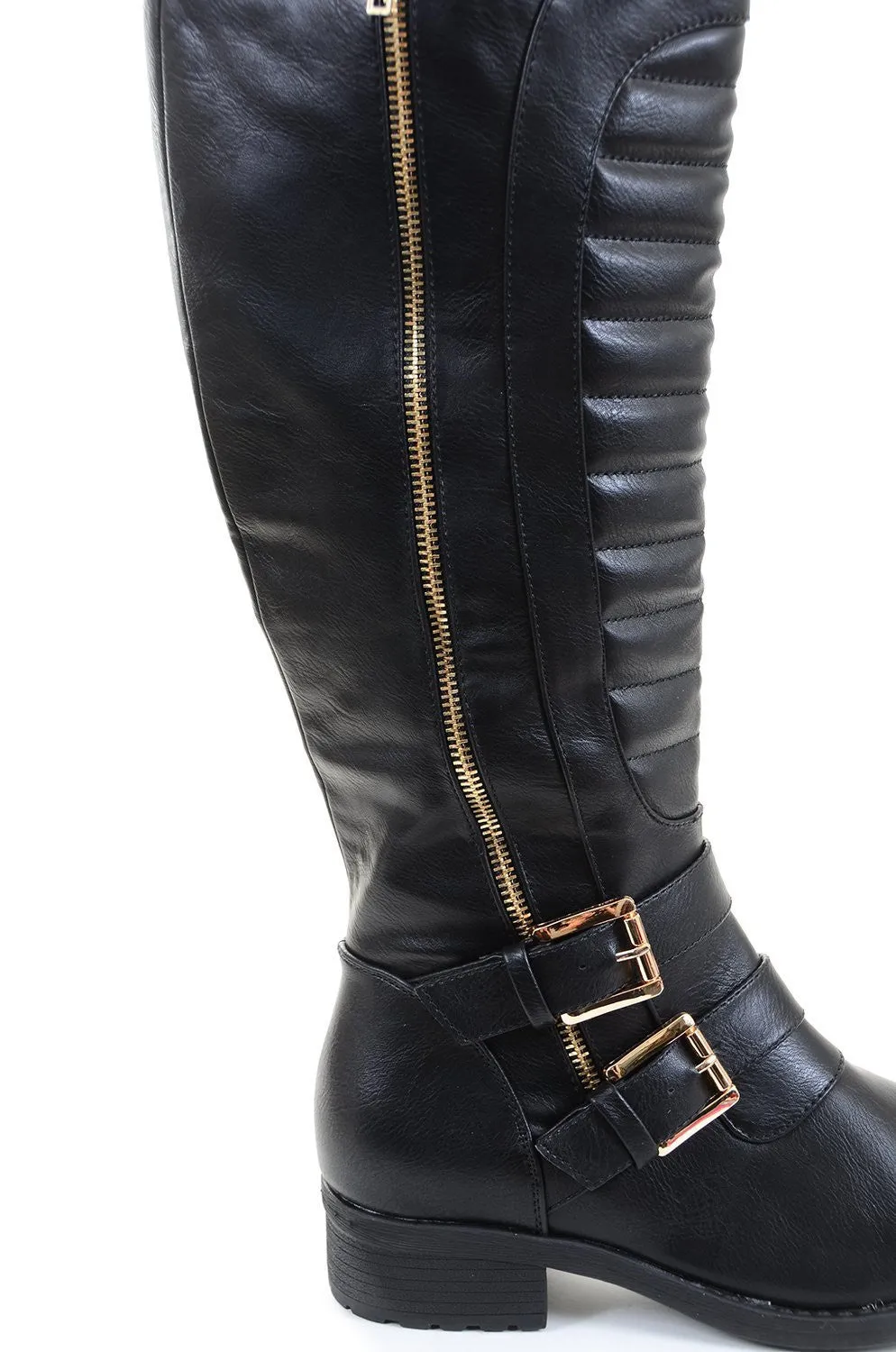 Quilted Leatherette Strap Riding Vegan Knee Boot