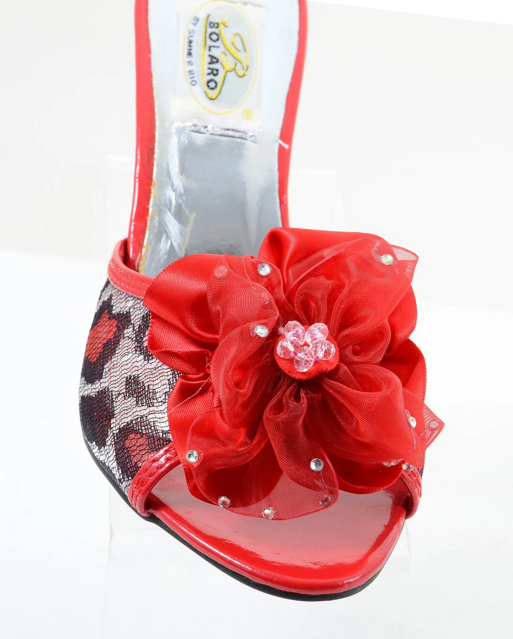 Red Leopard Jeweled Flowers Slides Mesh Peep toe Low Cut-out Heels