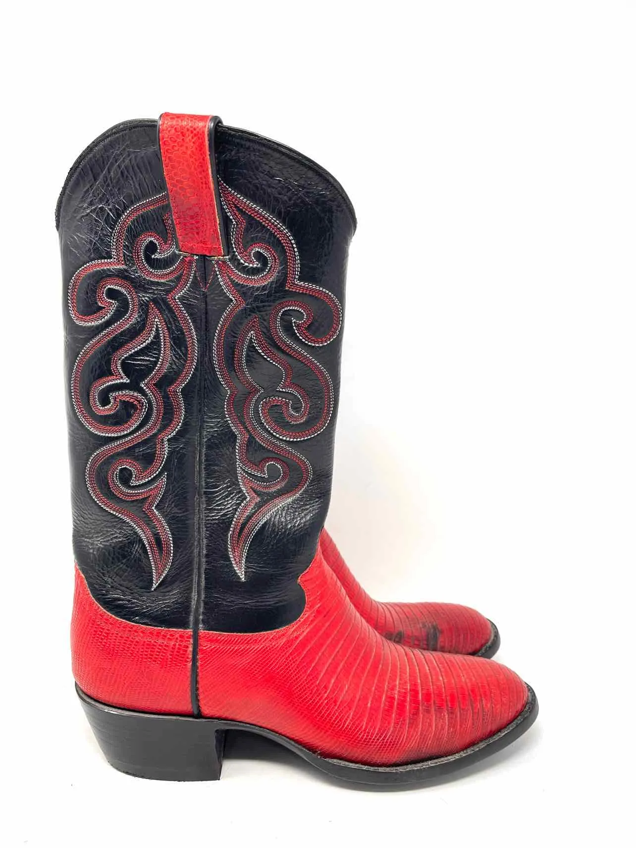 Size 9? Black/Red Reptile Stitched Men's Shoes Boots- Men's