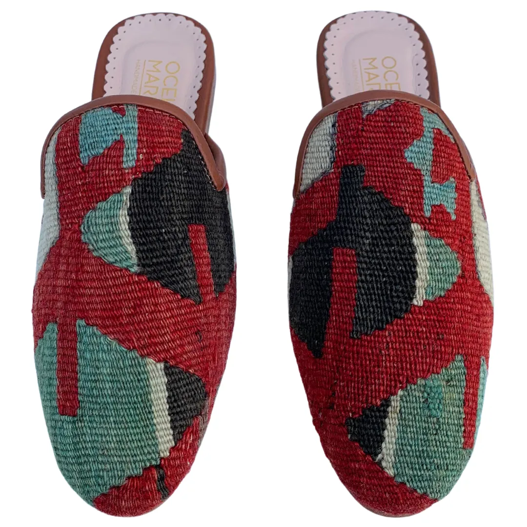 Women's Turkish Kilim Mules | Red with Blue & Black